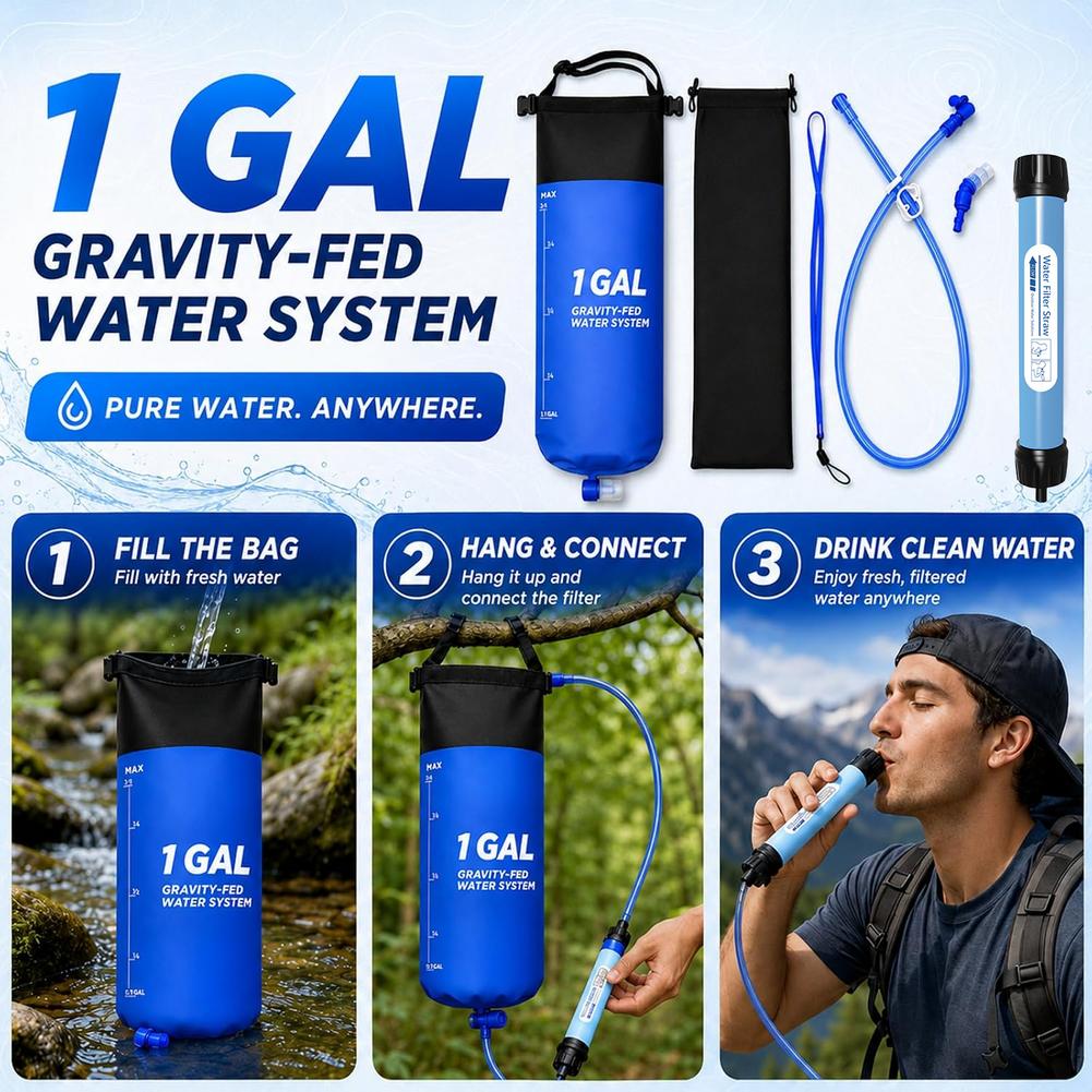 Water Purification Straw - 1 Galon Kapasiteli, Yerçekimiyle Çalışan Su